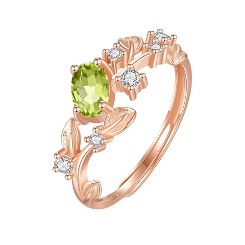 925 Sterling Silber Ovalschliff Edelsteinring Für Damen 14K Roségold Plattiert Ringe Verstellbar Zirkonia Blatt Band Verlobung Cocktail Ehering Geschenk Peridot von Generisch