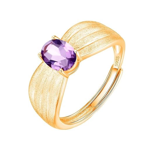 925 Sterling Silber Ovalschliff Edelsteinring Für Damen Vintage Klobiger Ring 14 Karat Vergoldet Gebürstetes Band Cocktail Ewigkeit Verlobungsversprechen Ehering Amethyst Vergoldet von Generisch