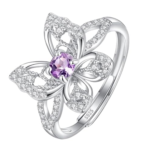 925 Sterling Silber Ring Für Frauen Natürliche Edelsteine Rundschliff Ehering Zirkonia Hohl Schmetterling Band Cocktail Infinity Versprechen Band Größe Verstellbar Amethyst von Generisch