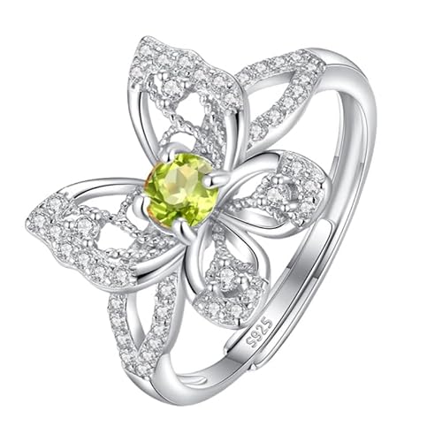 925 Sterling Silber Ring Für Frauen Natürliche Edelsteine Rundschliff Ehering Zirkonia Hohl Schmetterling Band Cocktail Infinity Versprechen Band Größe Verstellbar Peridot von Generisch