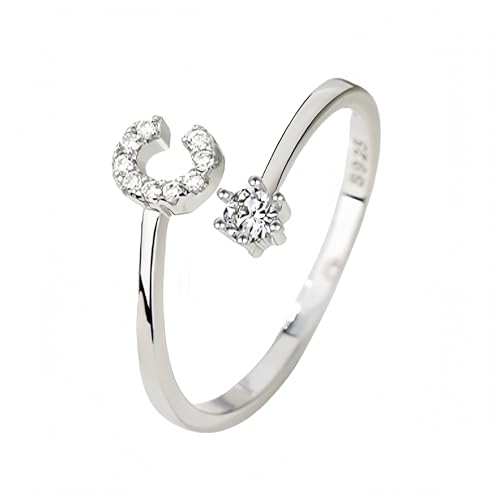 925Er Silber Ringe Mit Zirkonia-Anfangsbuchstaben, Verstellbar, Ewigkeit, Dünn, Stapelbar, Offen, A-Z-Alphabet-Ring Für Damen, Herren Und Mädchen, Schmuck, Geschenke Mit Box, Buchstabe C von Generisch
