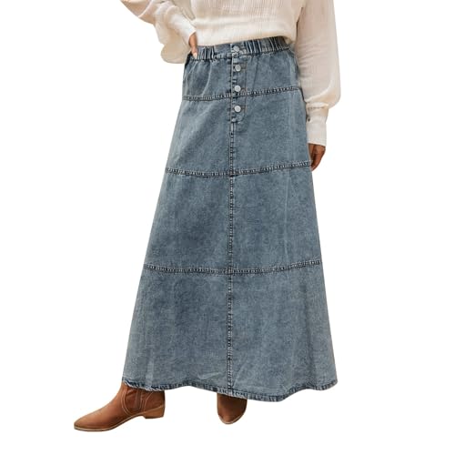 A Line Rock Damen Boho A Linie Layered Patchwork Jeansrock Kurze Röcke, hellblau, L von Generisch