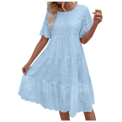 A Linie Kleid Damen Freizeitkleid mit Hollow Out Sommerkleider Leicht und Luftig Rüschen Midikleid Boho Kleid Strandkleid Rundhals Shirtkleid (Blau, XL) von Generisch