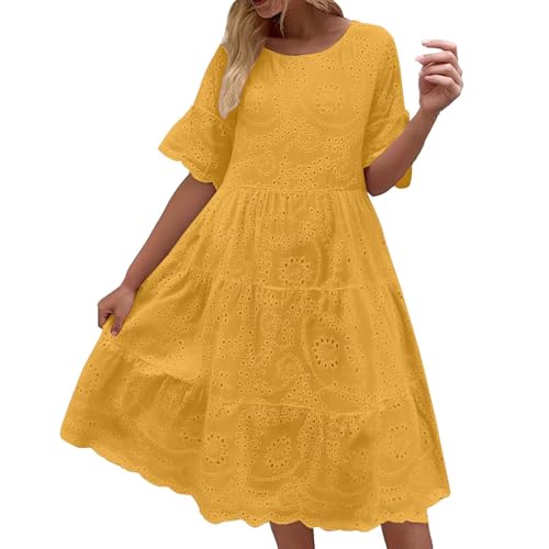 A Linie Kleid Damen Freizeitkleid mit Hollow Out Sommerkleider Leicht und Luftig Rüschen Midikleid Boho Kleid Strandkleid Rundhals Shirtkleid (Gelb, XL) von Generisch