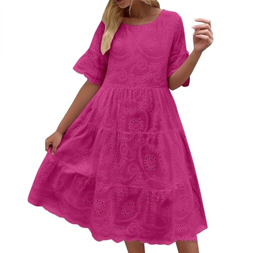 A Linie Kleid Damen Freizeitkleid mit Hollow Out Sommerkleider Leicht und Luftig Rüschen Midikleid Boho Kleid Strandkleid Rundhals Shirtkleid (Rot, XL) von Generisch