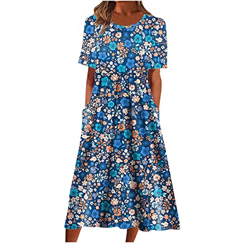 A Linie Kleid Damen Lange Sommer Midikleid Lässig Boho Kleider Hohe Taille Strandkleid Kurzarm Rundhals Sommerkleid Elegant Blumendruck Tunika Partykleid mit Taschen Blusenkleid von Generisch