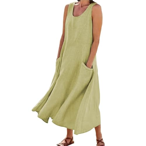 Ärmellos Baumwoll Leinen Tankkleid Damen Vintage Einfarbig Sommerkleid Weiß Strandkleid Lose Rundhals Maxikleid A-Linie Kleider Große Größen Langes Kleid Partykleid Freizeitkleid mit Taschen von Generisch