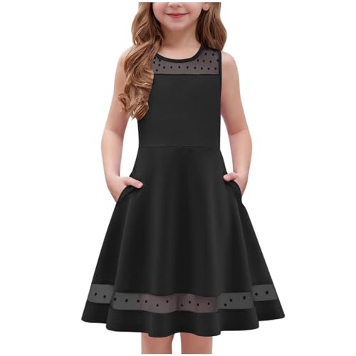 Ärmellos Tüll Kleid Mädchen Rundhal Hohe Taille A Linie Festliche Kinderkleider Einfarbig Elegant Mädchenkleider Sommerkleid Mode Hochzeit Geburtstag Partykleider Schulung Kleider (Black, 5-6 Years) von Generisch