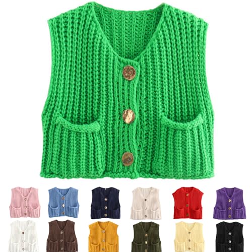 Ärmellose Strickjacke mit Zopfmuster für Damen, Kurze Pulloverweste mit Knopfleiste und Taschen (DE/NL/SE/PL, Alphanumerisch, L, Regular, Regular, Grün) von Generisch