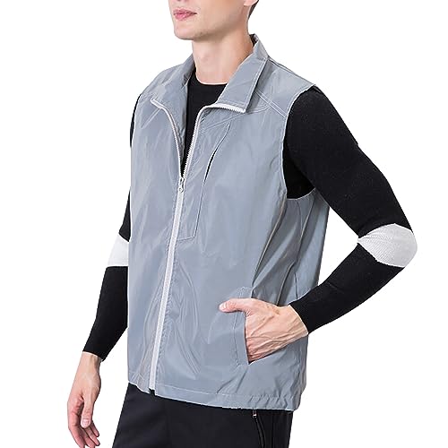 Ärmellose Weste Leichte Steppjacke Coat Erwachsene Hip Hop ärmellose dünne Mantel grau reflektierende Jacke für Frauen Männer Reißverschluss lässig Kurze Große Größen Übergangsjacke (Grey, XXL) von Generisch