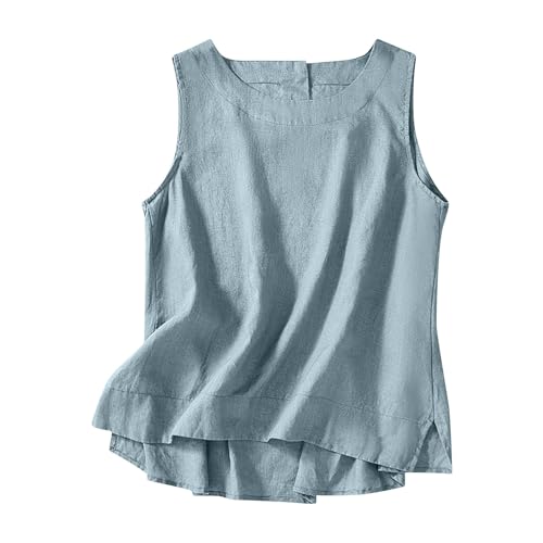 Ärmelloses Damen-Top, Rundhalsausschnitt, Sommer, leicht, Baumwoll-Leinen, 2025, modisch, lässig, einfarbig, Schlitzsaum, Tank-Top, Bluse, Shirts für Damen, UK-Verkauf auf der Rückseite, blau, L von Generisch