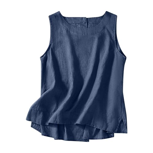 Ärmelloses Damen-Top, Rundhalsausschnitt, Sommer, leicht, Baumwoll-Leinen, 2025, modisch, lässig, einfarbig, Schlitzsaum, Tank-Top, Bluse, Shirts für Damen, UK-Verkauf auf der Rückseite, navy, XL von Generisch