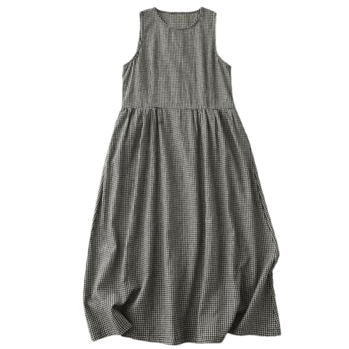 Ärmelloses Damenkleid aus Baumwollleinen, kariert, lässig, locker, Rundhalsausschnitt, Westenkleider, Schwarz , XX-Large von Generisch