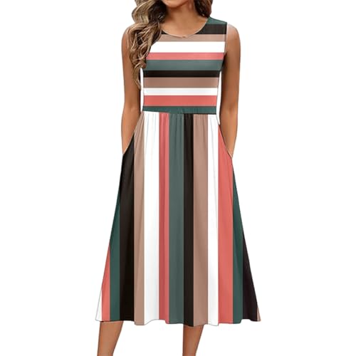 Ärmelloses Kleid Damen Lang Hohe Taille Maxikleid Round-Ausschnitt Sommerkleid Mit Taschen Rock A Linien Röcke Langer Plissee Freizeitrock Elastischem Bund Freizeit Maxi Strandkleider von Generisch