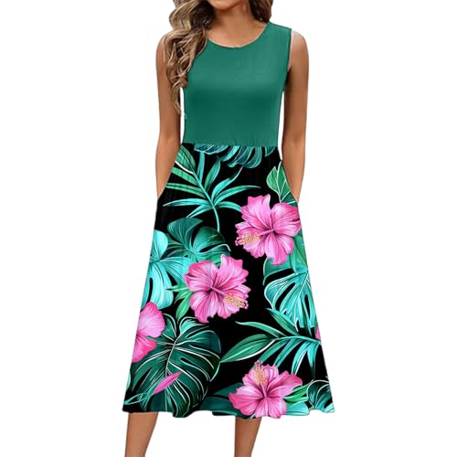 Ärmelloses Kleid Damen Lang Hohe Taille Maxikleid Round-Ausschnitt Sommerkleid Mit Taschen Rock A Linien Röcke Langer Plissee Freizeitrock Elastischem Bund Freizeit Maxi Strandkleider von Generisch