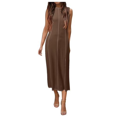 Ärmelloses T-Shirt-Kleid für Damen, Sommer, kontrastierend, gerippt, Tank-Maxikleider für Damen, elegant, coffee, L von Generisch