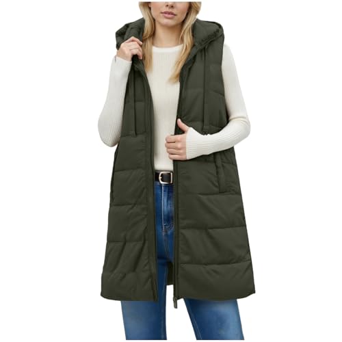 Ärmelloses Weste Damen Lang Winter Steppweste Leicht Ärmellos Jacke Warme Daunenweste mit Kapuze Frauen Softshelljacke Elegant Einfarbig Longweste mit Taschen Lange Weste Outdoor Puffer Kapuzenweste von Generisch