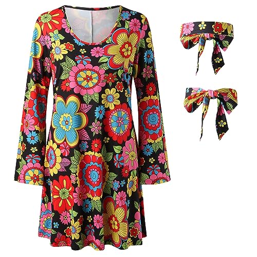 Generisch Damen Hippie Kostüm 60er 70er Bekleidung Hippie Kleid Frauen Mädchen Disco Kleider Retro Grosse Grössen Disco Outfit Faschingskostüm für Karneval Party Halloween von Generisch