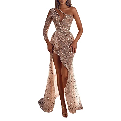 Generisch Damen Sommerkleid Elegant Glitzer Cocktailkleid mit Schlitz A-Linien Maxikleid Gold S One Shoulder Pailettenkleider Lang Hohe Taille Formal und elegant von Generisch