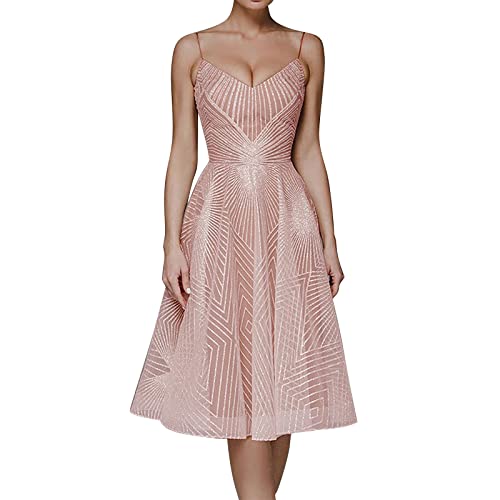 Abendkleid Damen Elegant Langes Ballkleider mit Schein Sexy Spaghetti Träger A-Linie Midikleid Elegant Edel Einfarbig Cocktailkleid V-Ausschnitt Swing Partykleid Brautjungfer Kleid Für Hochzeit von Generisch