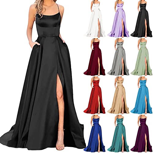 Abendkleid Damen Lang Ballkleider mit Taschen Schlitz Satin Ballkleid Abendkleider Backless Ärmellos A-Linie Cocktailkleid Große Größen Hochzeitskleider Elegant Abiballkleider Partykleid von Generisch