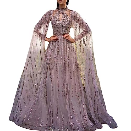 Abendkleid Damen Lang Beaded Cape Kleid Langarm Pailletten Festliches Ballkleid Glänzend Elegant Abendkleider Hohe Taille A-Linie Maxikleider Mesh Cut Out Abschlusskleid Partykleid von Generisch