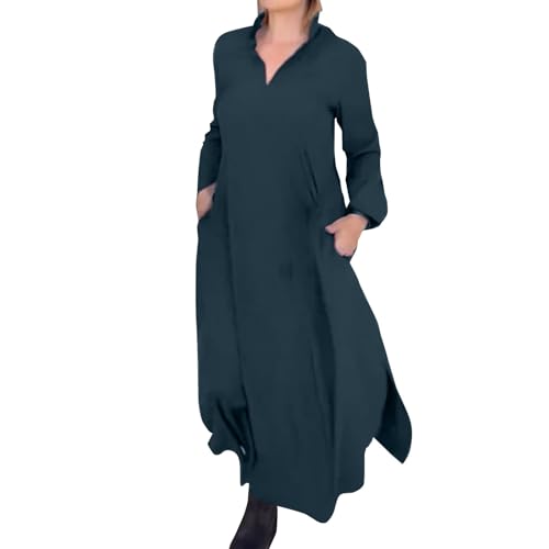 Abendkleid Damen Lang-Damenmaxikleider Kleid Langarm Locker Blusenkleid Damen Einfarbig Lange Kleider Mit Taschen Kleider Damen Festlich Elegant Hochzeit Lang Und Langarm Kleider Damen Festlich von Generisch