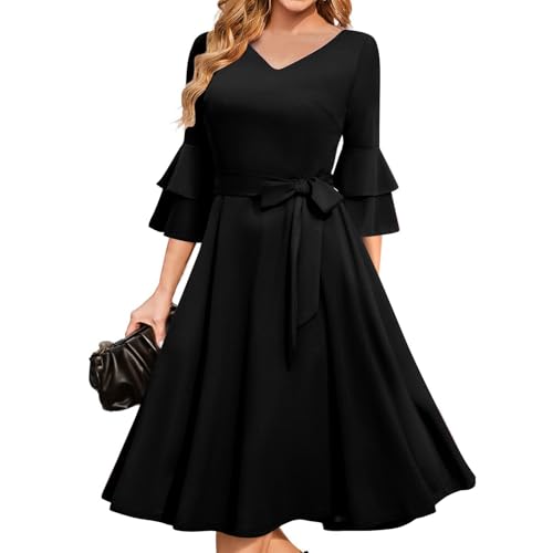 Abendkleid Damen Lang V Ausschnitt Cocktailkleid Damen A Linie Schwingen Festliche Kleider für Damen Silvester Kleid Midi mit Gürtel 3/4 Ärmel Abendkleider Elegant Für Hochzeit Ballkleid von Generisch