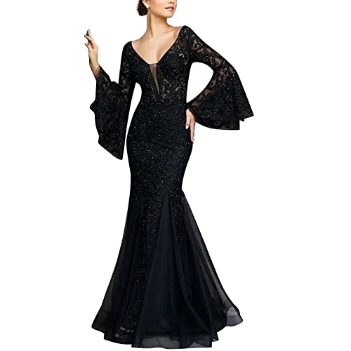 Abendkleid Langer Damen Festlich Hochzeit Kleid Langes Fischschwanzkleid Elegant V-Ausschnitt Brautjungfernkleider Langarm Glänzend Brillant Cocktailkleid Partykleid Ballkleid Maxikleid von Generisch