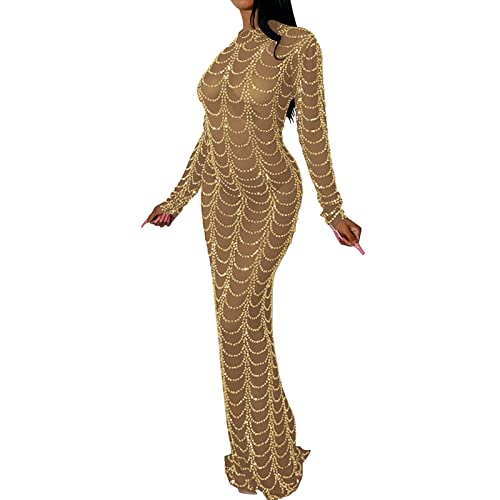 Abendkleider Damen Elegant Langes Kleid Muster Transparent Aushöhlen Sexy Slim Fit Strass Langarmshirt Mode Slim Fit Glitzer Pailletten Rückenfrei Glitzer, gold, L von Generisch