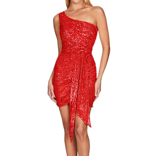 Abendkleider Damen Glitzer Kurz Cocktailkleid Damen Pailletten Glitzer Curvy Kleider Festlich Elegant Hochzeit Ballkleider Damen Kurz mit Gürtel Abendkleid Frauen Eng One Shoulder Partykleid von Generisch