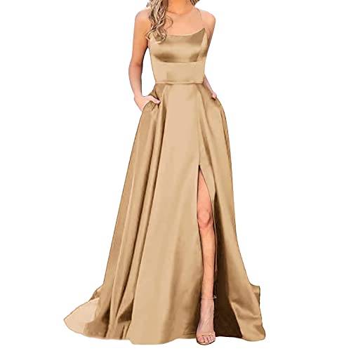 Abendkleider Damen Lang Ballkleider mit Taschen Satin A-Linie Backless Hochzeitskleid Abendkleider Sexy Neckholder Spaghetti Brautkleid Kleider Lang Prinzessin Brautjungfer Kleid von Generisch