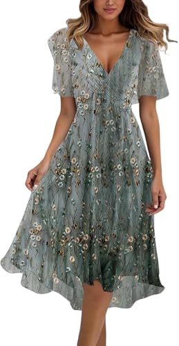 Abendkleider Damen Lang Elegant Chiffon Kleid Elegant Damen Festlich Cocktailkleid Summer Kleid Knielang Tunika Bindegürtel Hohe Taille Kleider Summer Dress (04 Dark Green,M) von Generisch
