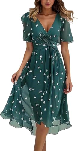 Abendkleider Damen Lang Elegant Chiffon Kleid Elegant Damen Festlich Cocktailkleid Summer Kleid Knielang Tunika Bindegürtel Hohe Taille Kleider Summer Dress (Green,L) von Generisch