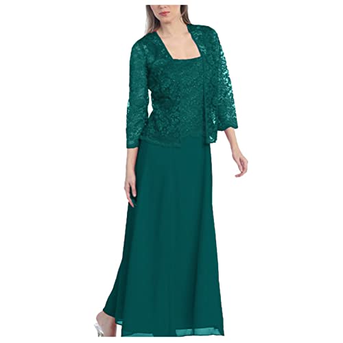 Abendkleider Elegant Für Hochzeit Zweiteiler Silvester Kleid Damen Lang Chiffon A Linie Cocktailkleid Damen Langarm 2 Teiler Lochstickerei Kleider Frauen Festlich Lange Abendkleid 3/4 Ärmel von Generisch