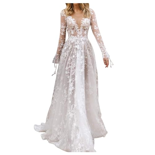 Abendkleider Elegant für Hochzeit Lang Spitze Hochzeitskleid Langarm V-Ausschnitt Rückenfrei Abendkleid Blumen Lace Bodenlang Brautkleid Maxikleid Hochzeit Festliche Kleider Hochzeitskleider von Generisch