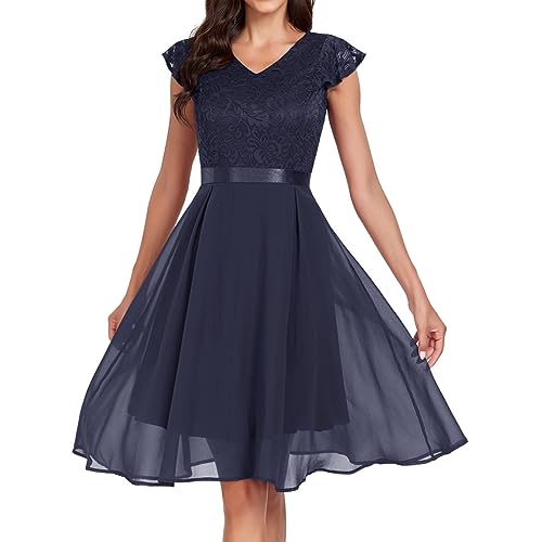 Abendkleider Elegant für Hochzeit Midi Chiffon Spitzen Abendkleid Cocktailkleid Flügelärmel V-Ausschnitt Hochzeitsgast Kleid Swing A Linie Chiffonkleid Festliche Hochzeit Spitzenkleid Midikleid von Generisch