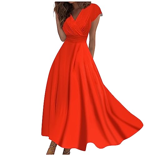Abendkleider Lang mit Ärmeln Kleid Damen Elegant Maxi Brautkleid Schwingen Cocktailkleid Damen V Ausschnitt Korsett Sommerkleider Leicht Und Luftig Maxikleid A Linie Kleider Kurzarm Luftige von Generisch