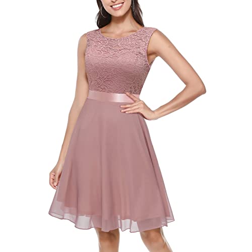 Abendkleider für Hochzeit, Cocktailkleid Damen Chiffon Ärmellos Spitzenkleid Knielang Festliches Partykleid Floral Spitze Kurz Kleid Rundhals Rüschensaum Abendkleid Ballkleid Brautjungfernkleider von Generisch