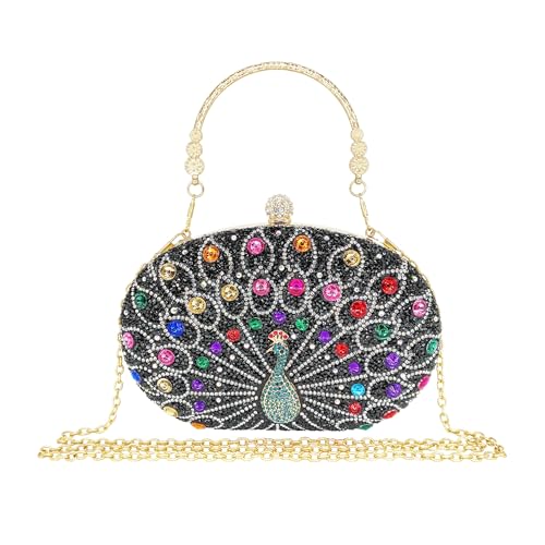 Abendtasche Damen Diamant Clutch Bag Kette Shiny Strass für Hochzeit Braut Abschlussball Cocktail Party Damen Abendhandtasche (Black Peacock) von Generisch