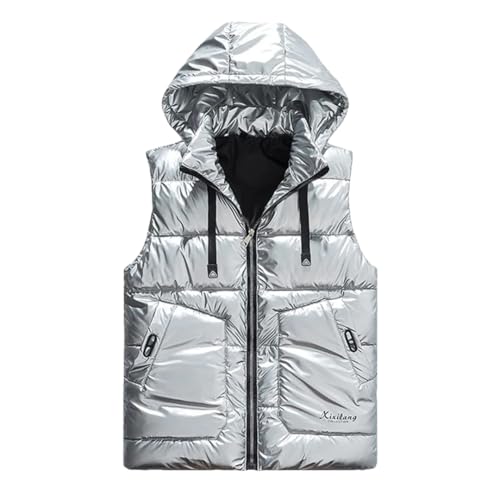 Abnehmbare Herrenweste mit Kapuze, dicke, warme Baumwolle, gepolsterte Weste, einfarbig, große Taschen, 2009 Silber, 4XL von Generisch