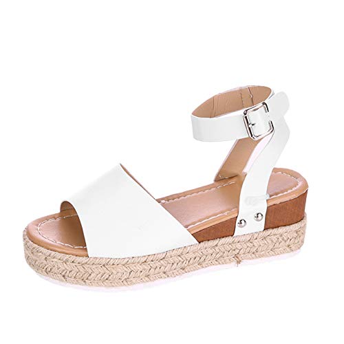 Absatzschuhe Damen Elegant Beige-Strandschuhe Damen Elegant-Einfarbig Plateau Keilabsatz Schnalle Keils Toe Beiläufige Schuhe Sandalen Plattformen Damensandalen von Generisch
