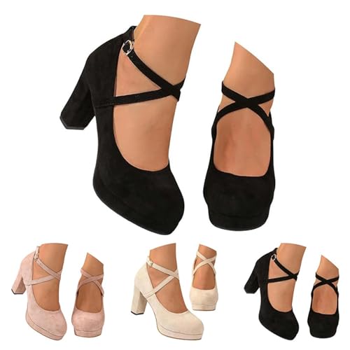 Absatzschuhe Damen Elegant Blockabsatz Tanzschuhe Damen Latein Wildleder Spangenpumps Geschlossen Mit Absatz Brautschuhe Kreuzriemen Spitzer Mary Jane Schuhe Bequem Damenschuhe von Generisch