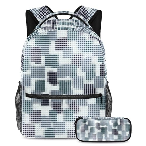 Abstraktes Mosaik-Schultaschen-Set für Jungen, Mädchen, Teenager, Rucksack mit Federmäppchen, Reisebuchtasche für Studenten, 2-teilig, Mehrfarbig Nr. 01, B：29.4x20x40cm P：19x7.5x3.8cm, Tagesrucksäcke von Generisch