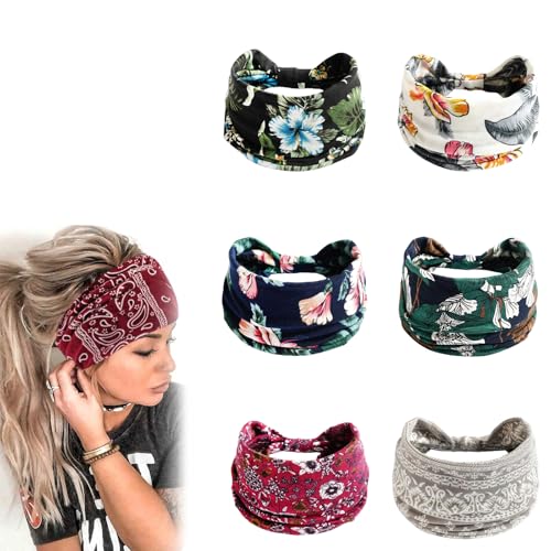 Acssart Headband, Boho Printed Cross Yoga Headband, Wide Non-Slip Soft Fabric Hair Accessory (C-6Pcs) von Generisch