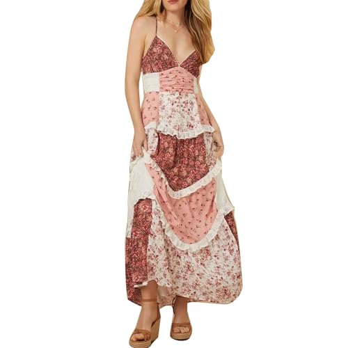 Adernlia Maxikleid mit Blumenmuster, Spaghetti-Trägern, V-Ausschnitt, Patchwork, fließendes Boho-Sommerkleid mit Spaghettiträgern, fließende lange Kleider, violett, M von Generisch