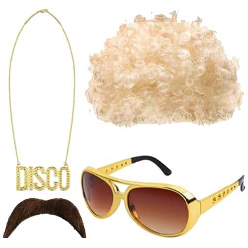 Afro Perücke Afro Flauschige Afro Disco Perücke Mit Perücke, Sonnenbrille, Halskette, Schnurrbart | Herrenperücke | Hippie Zubehör | Hippie Kostüm | Perücken Für Herren | Perücken A von Generisch