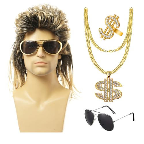 Afro-Perücke für Herren, 70er-Jahre-Disco-Perücke - Set mit 4 Herrenperücken-Herren-Kostüm-Perücken mit Sonnenbrillen-Halskette, Dollarzeichen-Ring für Halloween, Weihnachten, Cosplay-Party von Generisch