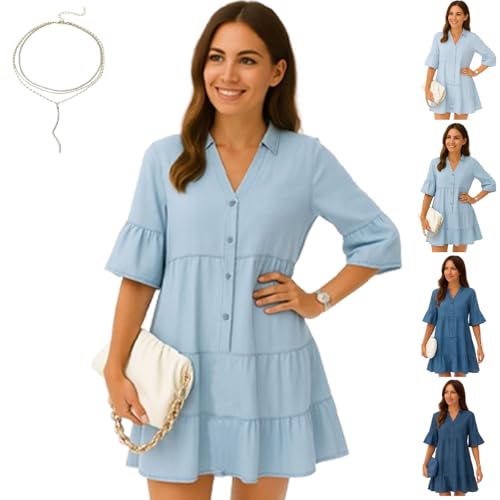 Alltoright Jeanskleid Halbarm V-Ausschnitt Rüschenbesatz Sommerkleid - Leichte atmungsaktive Jeansoptik, denim-blau, L von Generisch