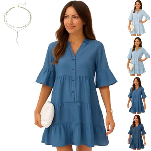 Alltoright Jeanskleid Halbarm V-Ausschnitt Rüschenbesatz Sommerkleid - Leichte atmungsaktive Jeansoptik, dunkelblau, M von Generisch